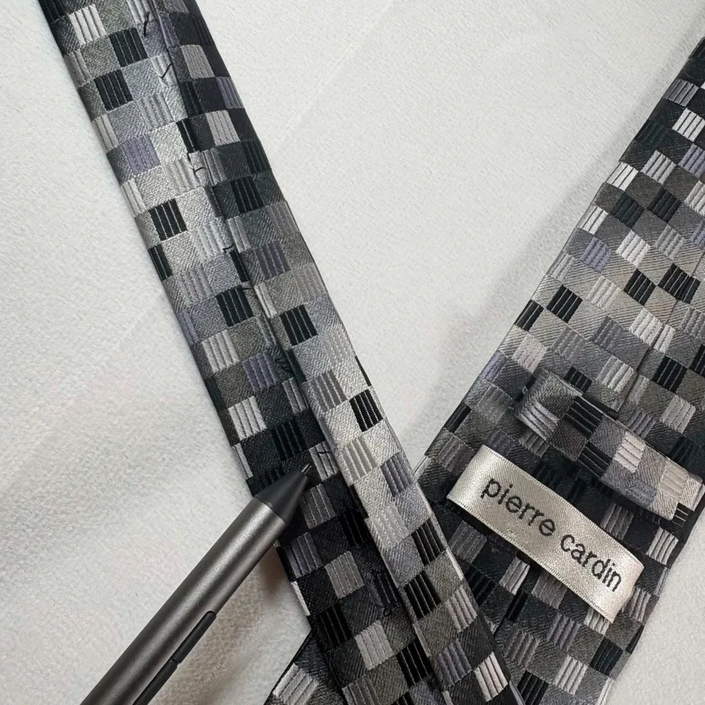 Pierre Cardin Tie Mens Gray Black Metallic Grid Geometric Checkerboard